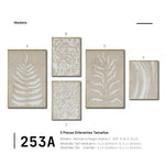 Cargar imagen en el visor de la galería, Set Cuadros Decorativos Abstracto Negro Arena 2-253 A - 5piezas Arte Moderno Estilo Boho Hojas en Beige y Blanco Tonos Neutros
