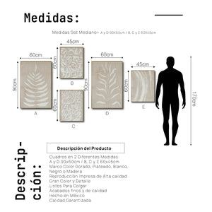 Set Cuadros Decorativos Abstracto Negro Arena 2-253 A - 5piezas Arte Moderno Estilo Boho Hojas en Beige y Blanco Tonos Neutros