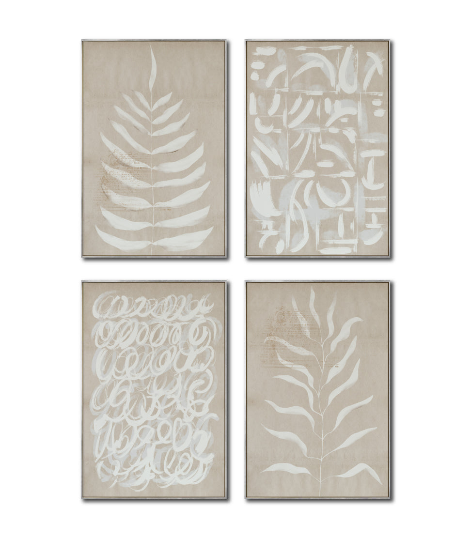 Set Cuadros Decorativos Abstracto Negro Arena 2 - 253C - 4piezas Arte Moderno Hojas en Tonos Neutros Estilo Boho