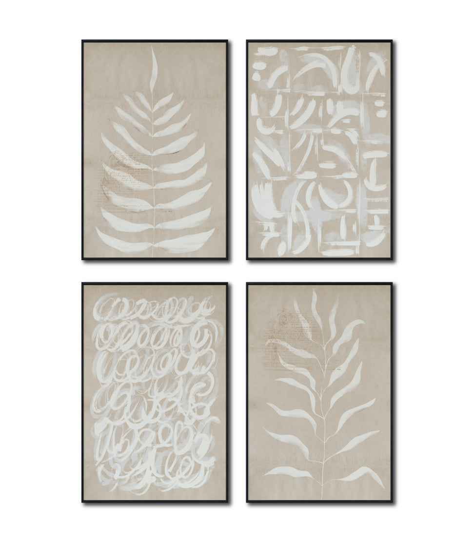 Set Cuadros Decorativos Abstracto Negro Arena 2 - 253C - 4piezas Arte Moderno Hojas en Tonos Neutros Estilo Boho