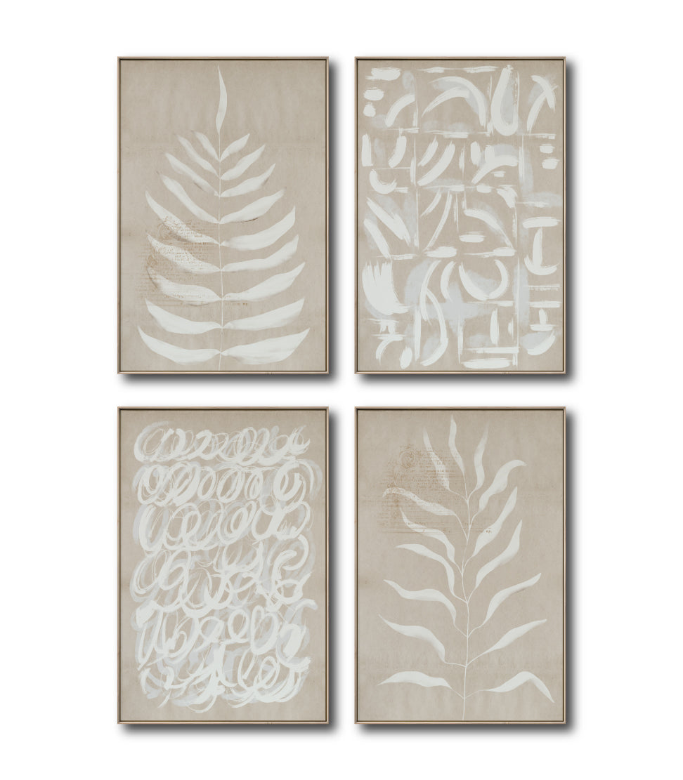 Set Cuadros Decorativos Abstracto Negro Arena 2 - 253C - 4piezas Arte Moderno Hojas en Tonos Neutros Estilo Boho
