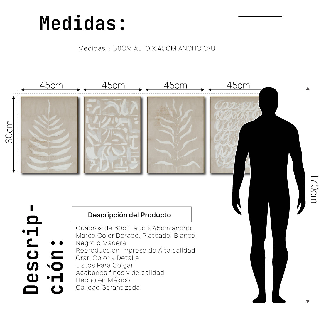Set Cuadros Decorativos Abstracto Negro Arena 2 - 253C - 4piezas Arte Moderno Hojas en Tonos Neutros Estilo Boho