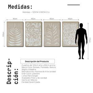 Set Cuadros Decorativos Abstracto Negro Arena 2 - 253C - 4piezas Arte Moderno Hojas en Tonos Neutros Estilo Boho