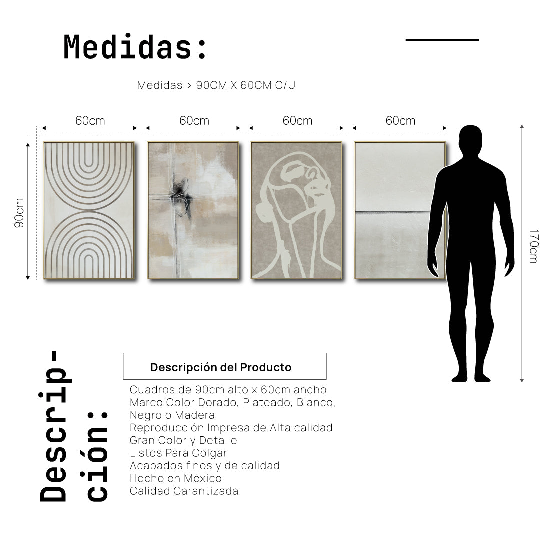 Set Cuadros Decorativos Abstracto Negro Arena 2 - 254C - 4piezas Arte Moderno y Minimalista Estilo Nordico Boho en Tonos Neutros