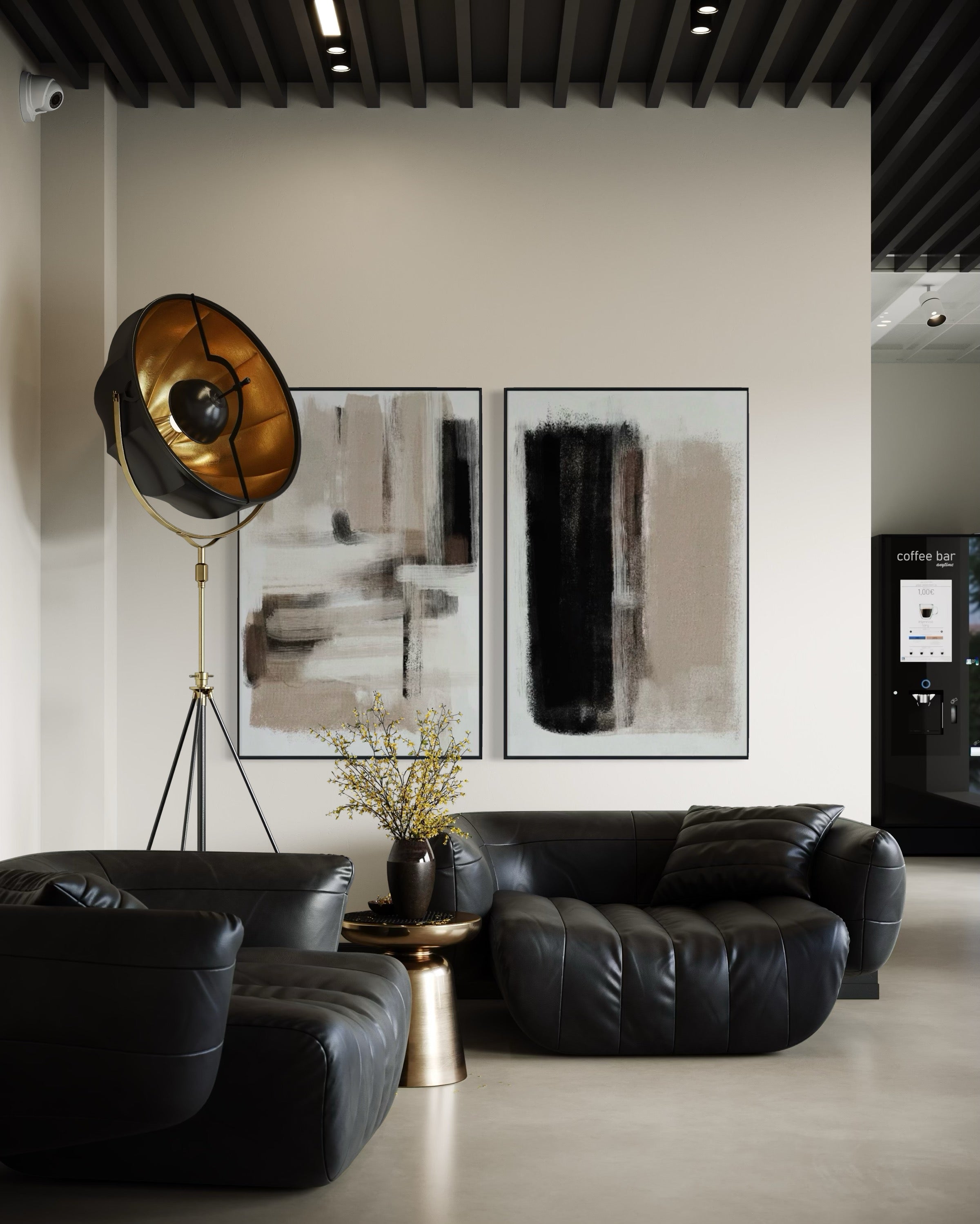 Set Cuadros Decorativos Abstracto Negro Arena 2 - 204 - Díptico Moderno y Minimalista estilo Nordico En Tonos Neutros Beige, Negro y Blanco