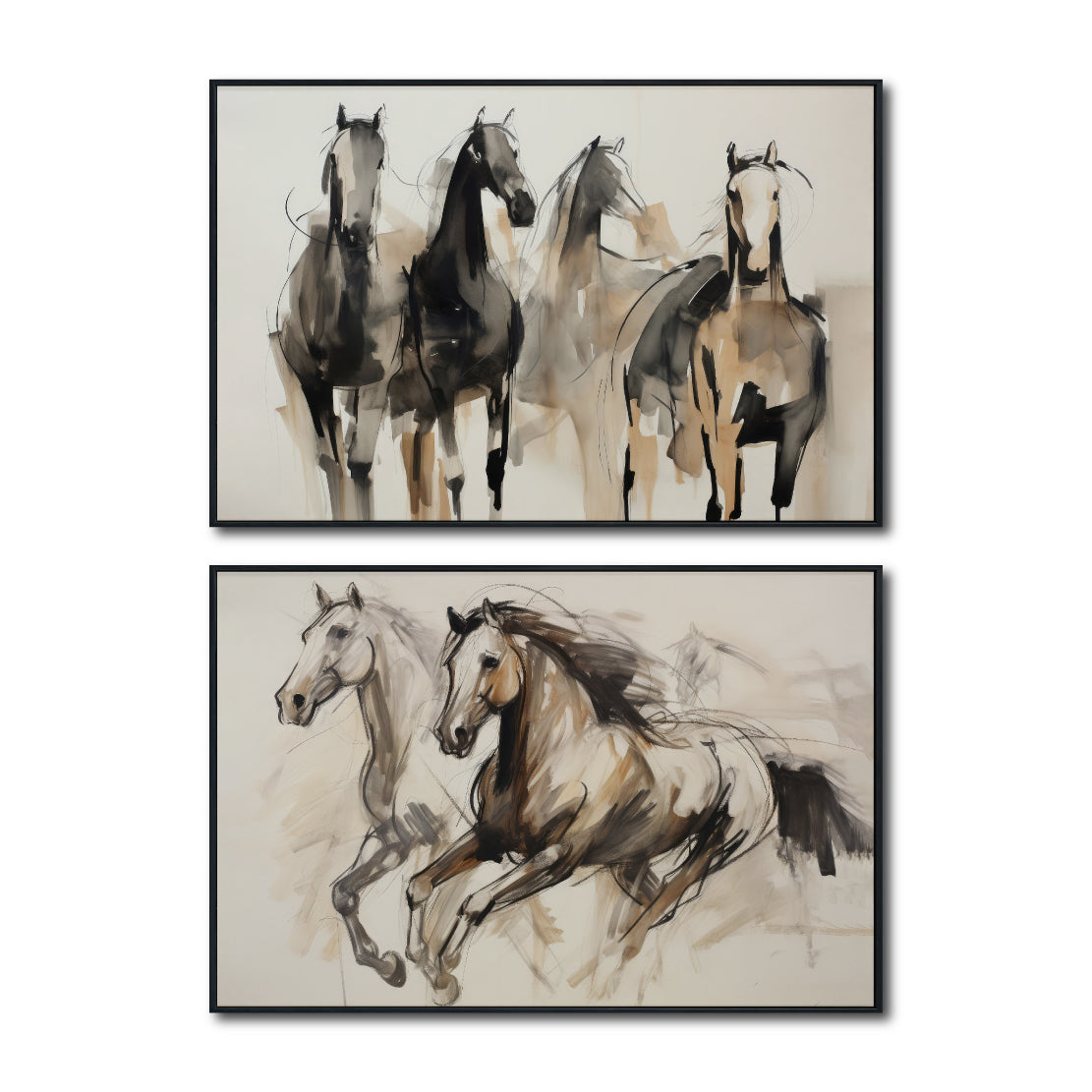 Set Cuadros Decorativos Abstracto Negro Arena 2 - 256 - Diptico Moderno, Boceto de Caballos Estilo Boho en Tonos Neutros