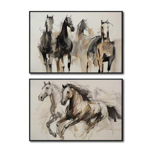 Set Cuadros Decorativos Abstracto Negro Arena 2 - 256 - Diptico Moderno, Boceto de Caballos Estilo Boho en Tonos Neutros