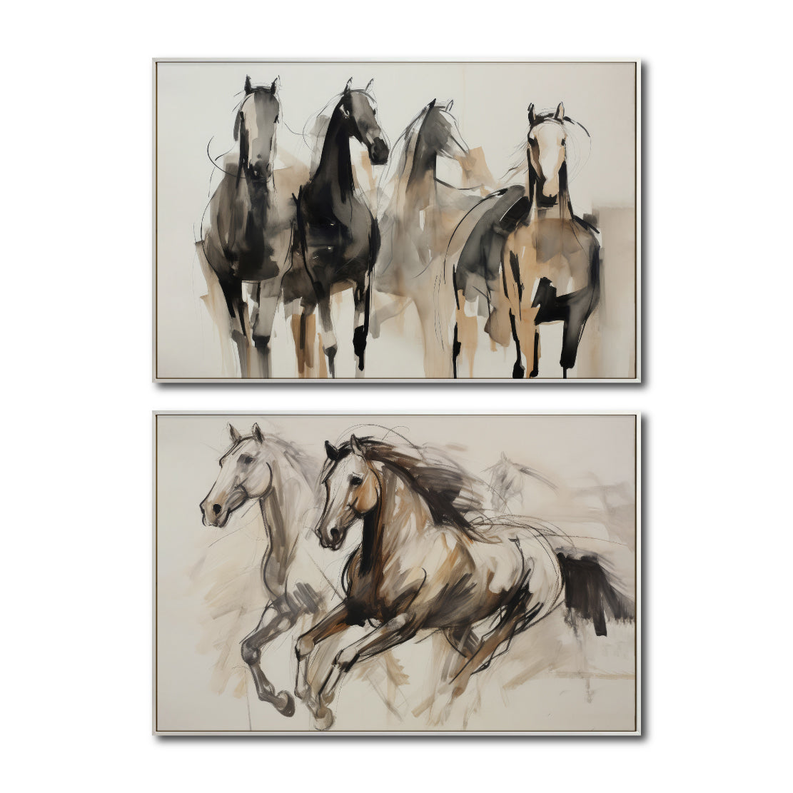 Set Cuadros Decorativos Abstracto Negro Arena 2 - 256 - Diptico Moderno, Boceto de Caballos Estilo Boho en Tonos Neutros