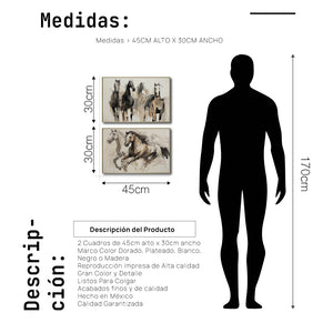 Set Cuadros Decorativos Abstracto Negro Arena 2 - 256 - Diptico Moderno, Boceto de Caballos Estilo Boho en Tonos Neutros