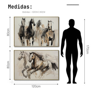 Set Cuadros Decorativos Abstracto Negro Arena 2 - 256 - Diptico Moderno, Boceto de Caballos Estilo Boho en Tonos Neutros