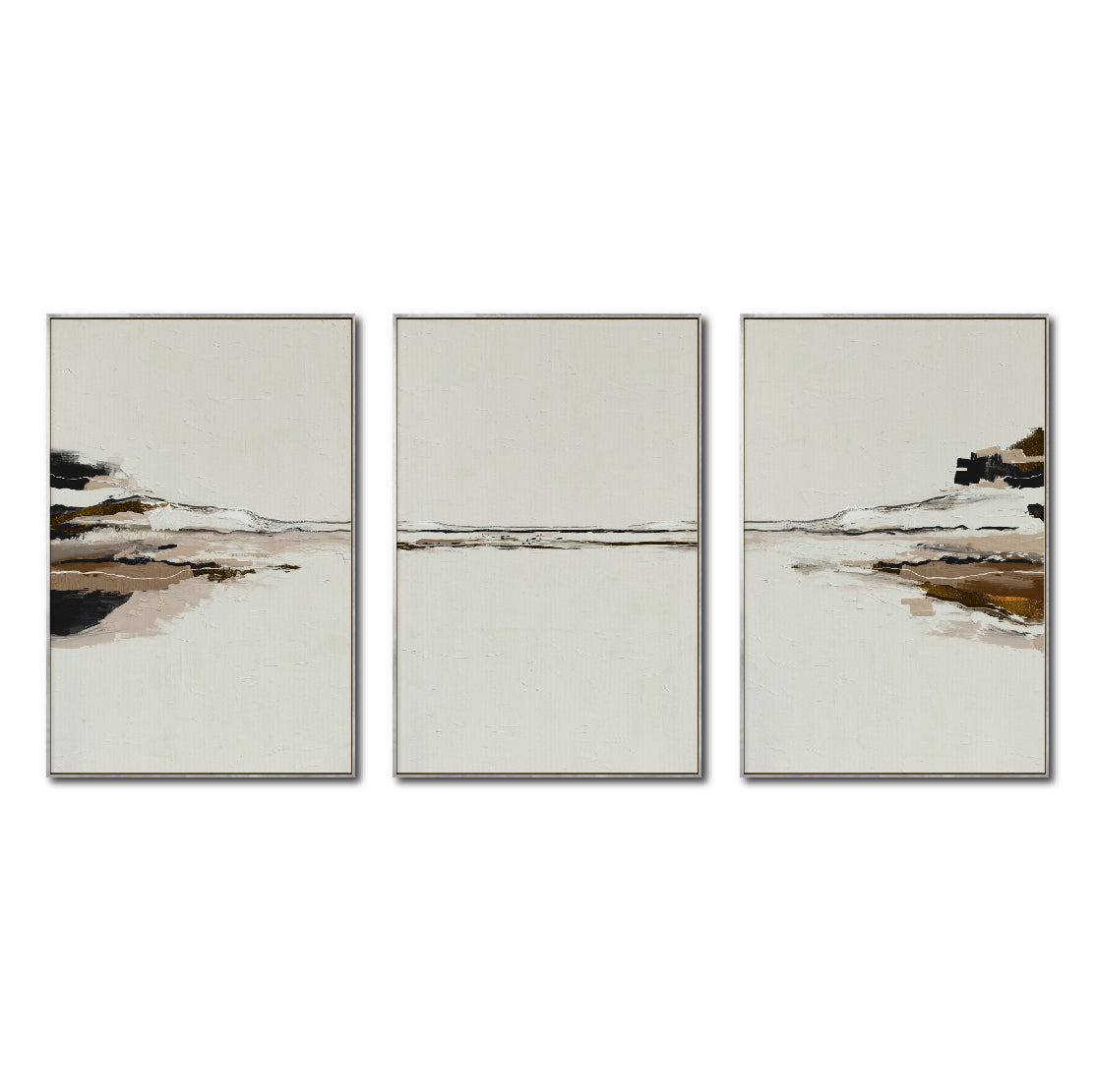 Set Cuadros Decorativos Abstracto Negro Arena 2-257 - Tríptico  Minimalista Arte Moderno y Elegante Estilo Nordico en Tonos Neutros