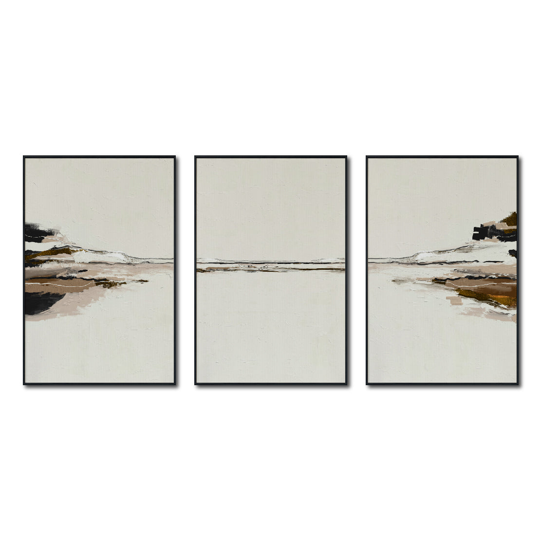Set Cuadros Decorativos Abstracto Negro Arena 2-257 - Tríptico  Minimalista Arte Moderno y Elegante Estilo Nordico en Tonos Neutros