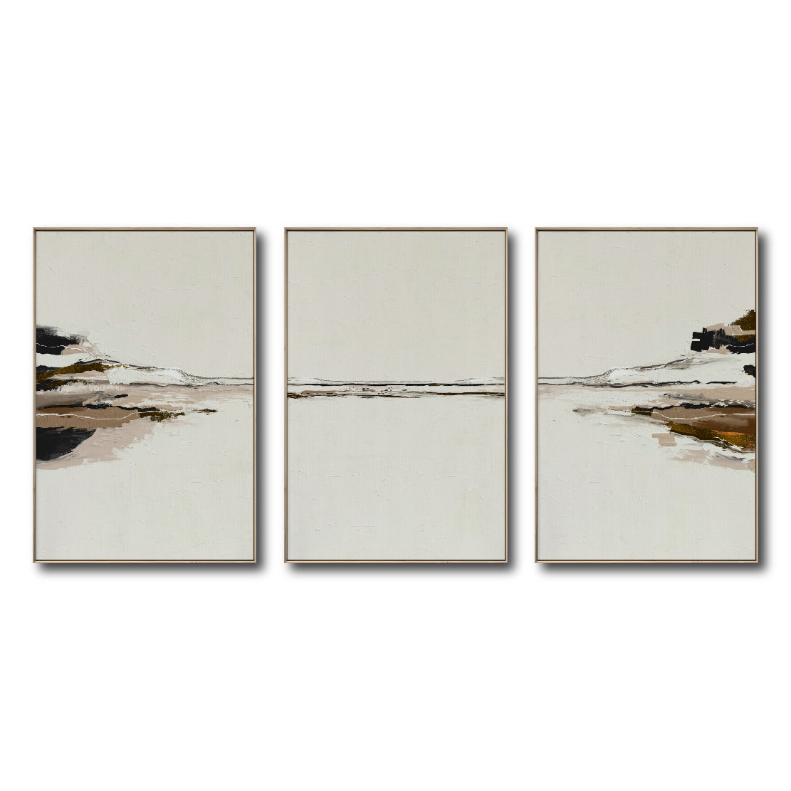 Set Cuadros Decorativos Abstracto Negro Arena 2-257 - Tríptico  Minimalista Arte Moderno y Elegante Estilo Nordico en Tonos Neutros
