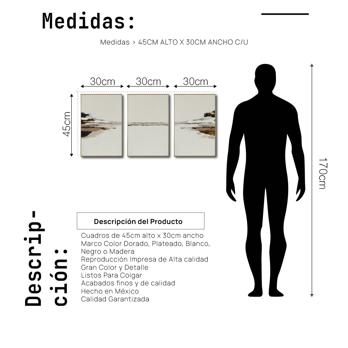 Set Cuadros Decorativos Abstracto Negro Arena 2-257 - Tríptico  Minimalista Arte Moderno y Elegante Estilo Nordico en Tonos Neutros