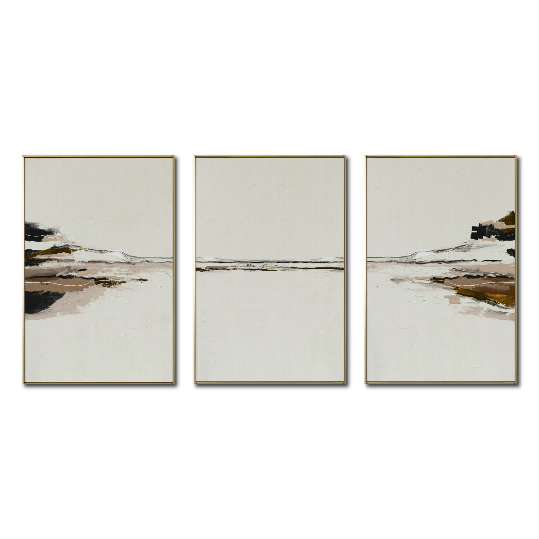 Set Cuadros Decorativos Abstracto Negro Arena 2-257 - Tríptico  Minimalista Arte Moderno y Elegante Estilo Nordico en Tonos Neutros