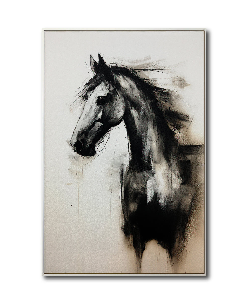 Cuadro Decorativo Abstracto Negro Arena 258 - Boceto de Caballo Negro Arte Moderno en Tonos Neutros