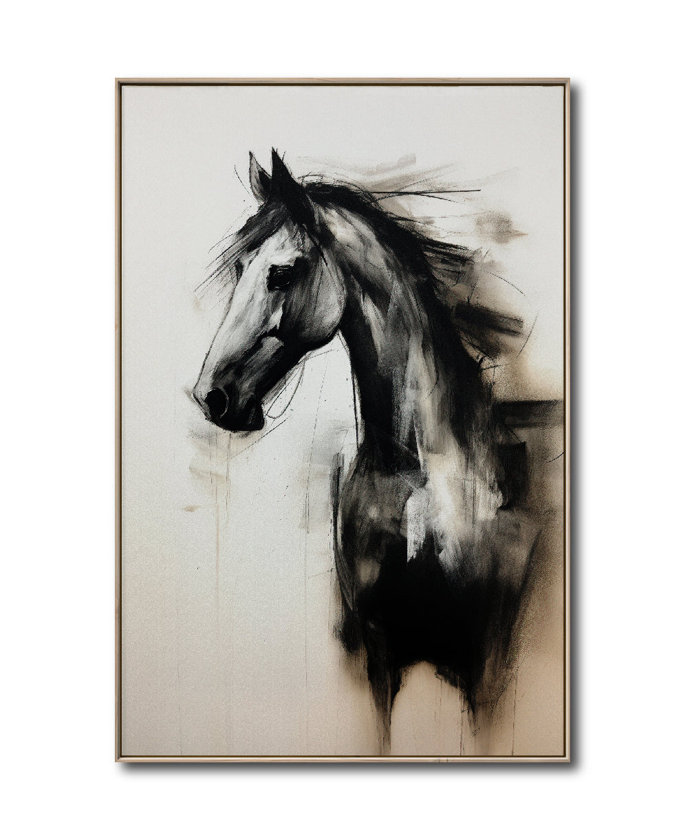 Cuadro Decorativo Abstracto Negro Arena 258 - Boceto de Caballo Negro Arte Moderno en Tonos Neutros
