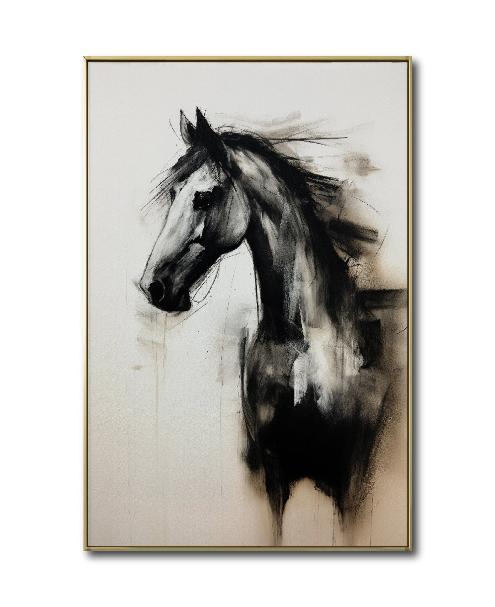 Cuadro Decorativo Abstracto Negro Arena 258 - Boceto de Caballo Negro Arte Moderno en Tonos Neutros