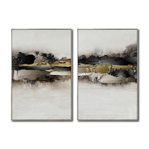Set Cuadros Decorativos Abstracto Negro Arena 2 - 259 - Diptico Moderno y Elegante Arte Minimalista En Negro, Beige y Dorado Oro