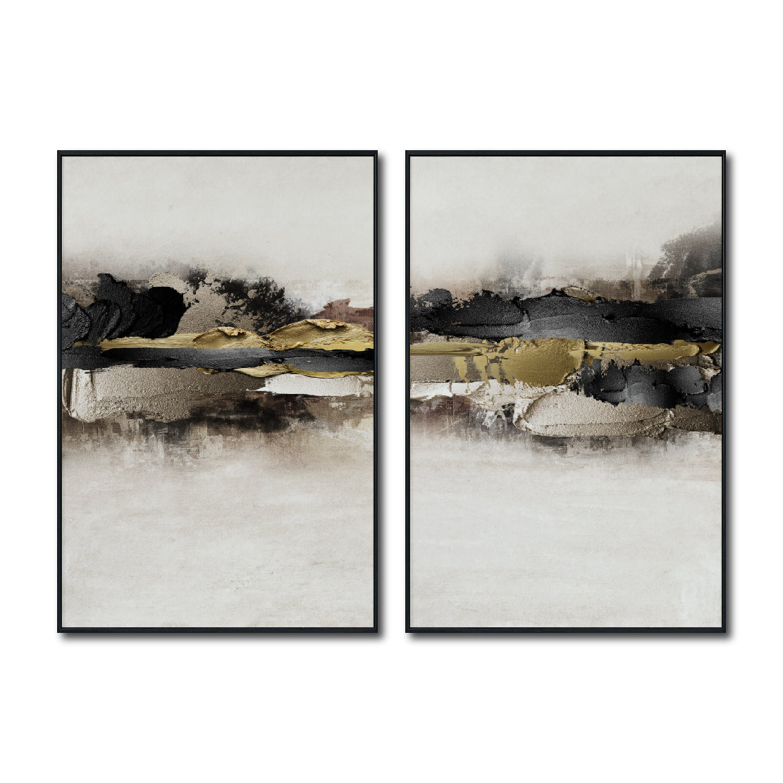 Set Cuadros Decorativos Abstracto Negro Arena 2 - 259 - Diptico Moderno y Elegante Arte Minimalista En Negro, Beige y Dorado Oro
