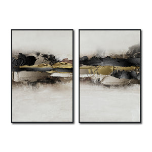 Set Cuadros Decorativos Abstracto Negro Arena 2 - 259 - Diptico Moderno y Elegante Arte Minimalista En Negro, Beige y Dorado Oro