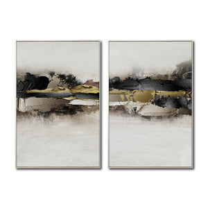 Set Cuadros Decorativos Abstracto Negro Arena 2 - 259 - Diptico Moderno y Elegante Arte Minimalista En Negro, Beige y Dorado Oro