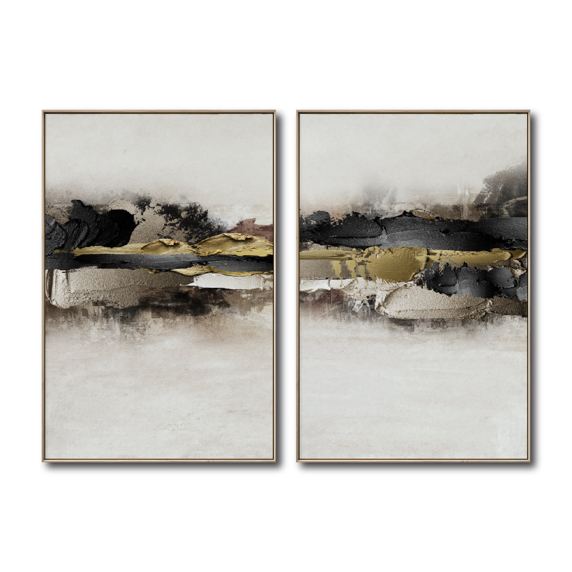 Set Cuadros Decorativos Abstracto Negro Arena 2 - 259 - Diptico Moderno y Elegante Arte Minimalista En Negro, Beige y Dorado Oro
