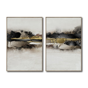 Set Cuadros Decorativos Abstracto Negro Arena 2 - 259 - Diptico Moderno y Elegante Arte Minimalista En Negro, Beige y Dorado Oro