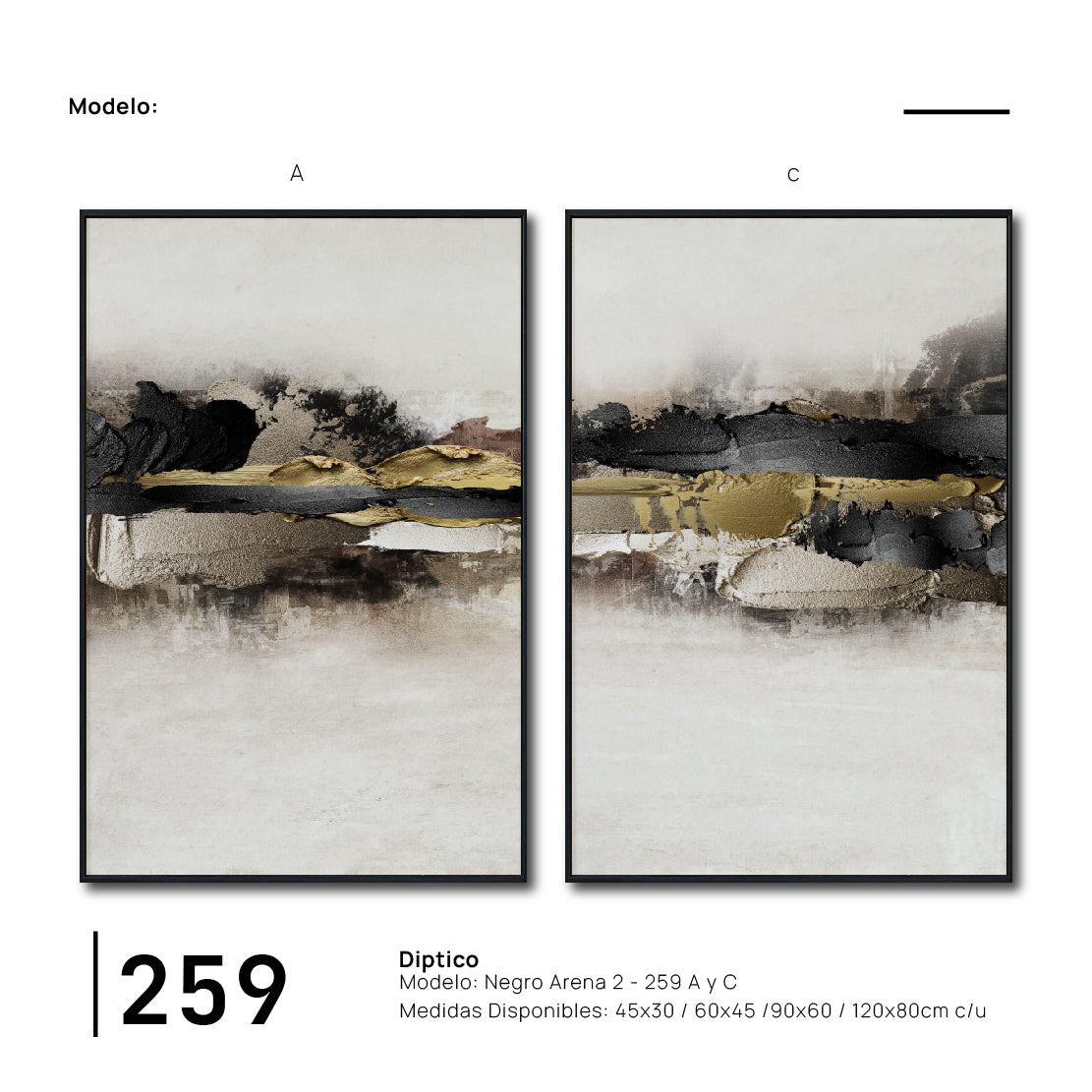 Set Cuadros Decorativos Abstracto Negro Arena 2 - 259 - Diptico Moderno y Elegante Arte Minimalista En Negro, Beige y Dorado Oro