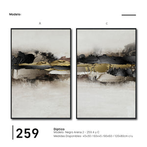 Set Cuadros Decorativos Abstracto Negro Arena 2 - 259 - Diptico Moderno y Elegante Arte Minimalista En Negro, Beige y Dorado Oro