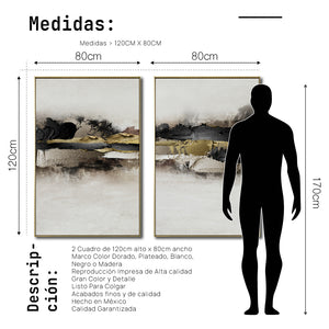 Set Cuadros Decorativos Abstracto Negro Arena 2 - 259 - Diptico Moderno y Elegante Arte Minimalista En Negro, Beige y Dorado Oro