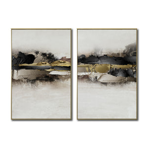 Set Cuadros Decorativos Abstracto Negro Arena 2 - 259 - Diptico Moderno y Elegante Arte Minimalista En Negro, Beige y Dorado Oro