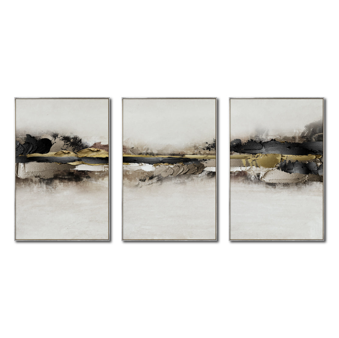 Set Cuadros Decorativos Abstracto Negro Arena 2-259 - Tríptico Moderno y Elegante Arte Minimalista En Negro, Beige y Dorado Oro