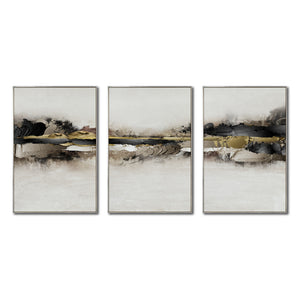 Set Cuadros Decorativos Abstracto Negro Arena 2-259 - Tríptico Moderno y Elegante Arte Minimalista En Negro, Beige y Dorado Oro