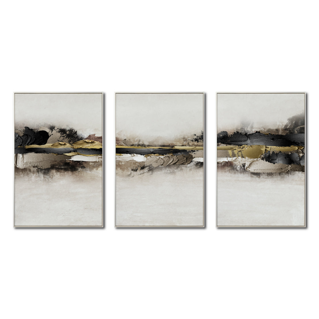 Set Cuadros Decorativos Abstracto Negro Arena 2-259 - Tríptico Moderno y Elegante Arte Minimalista En Negro, Beige y Dorado Oro