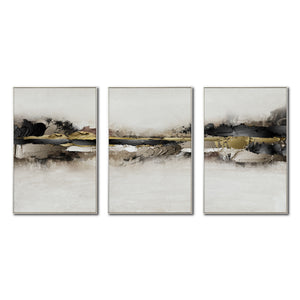 Set Cuadros Decorativos Abstracto Negro Arena 2-259 - Tríptico Moderno y Elegante Arte Minimalista En Negro, Beige y Dorado Oro