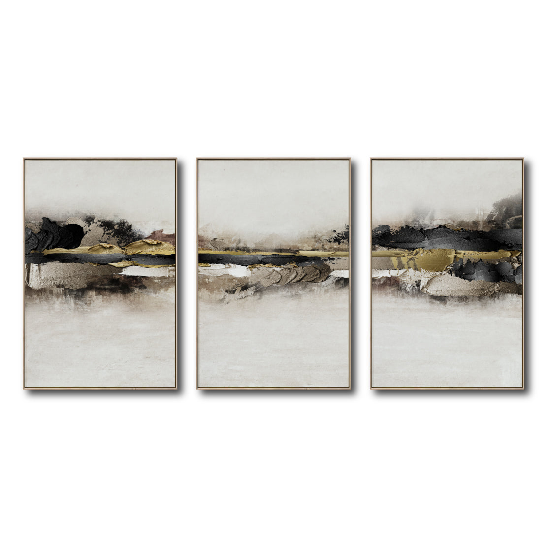 Set Cuadros Decorativos Abstracto Negro Arena 2-259 - Tríptico Moderno y Elegante Arte Minimalista En Negro, Beige y Dorado Oro