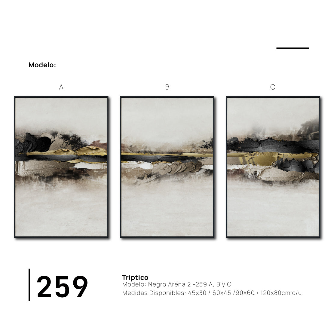 Set Cuadros Decorativos Abstracto Negro Arena 2-259 - Tríptico Moderno y Elegante Arte Minimalista En Negro, Beige y Dorado Oro