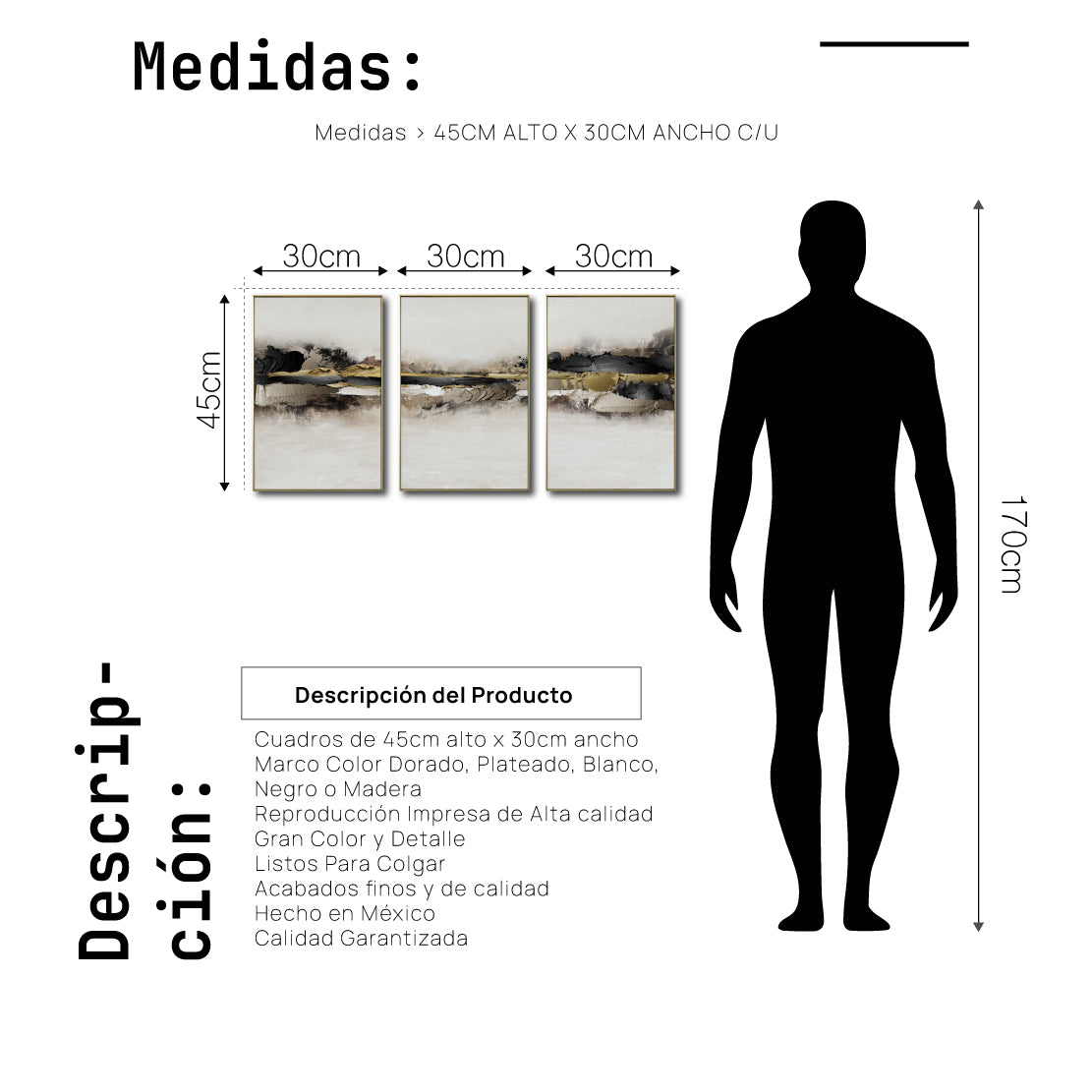 Set Cuadros Decorativos Abstracto Negro Arena 2-259 - Tríptico Moderno y Elegante Arte Minimalista En Negro, Beige y Dorado Oro