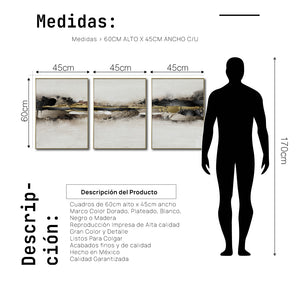 Set Cuadros Decorativos Abstracto Negro Arena 2-259 - Tríptico Moderno y Elegante Arte Minimalista En Negro, Beige y Dorado Oro