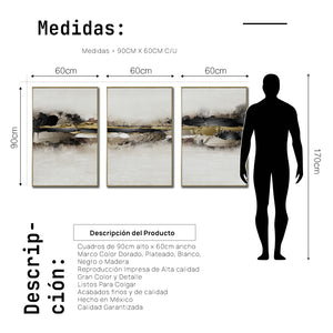 Set Cuadros Decorativos Abstracto Negro Arena 2-259 - Tríptico Moderno y Elegante Arte Minimalista En Negro, Beige y Dorado Oro