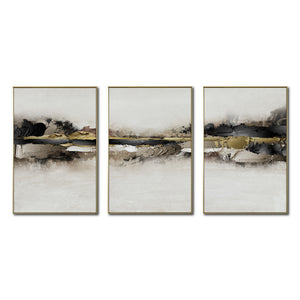 Set Cuadros Decorativos Abstracto Negro Arena 2-259 - Tríptico Moderno y Elegante Arte Minimalista En Negro, Beige y Dorado Oro