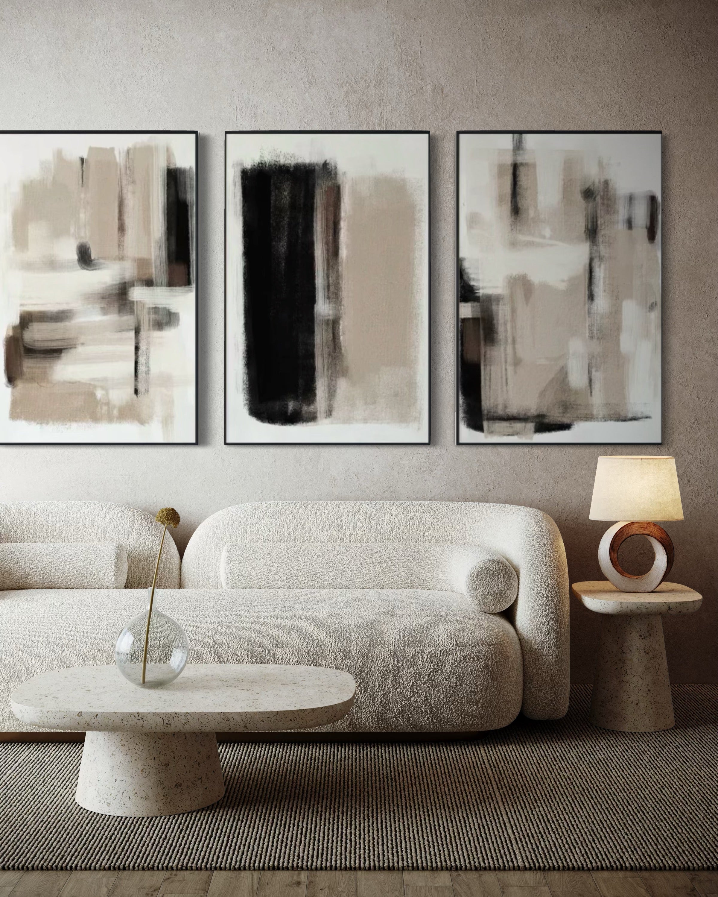 Set Cuadros Decorativos Abstracto Negro Arena 2 - 204 - Triptico Moderno Arte Minimalista estilo Nordico Boho en Tonos Neutros