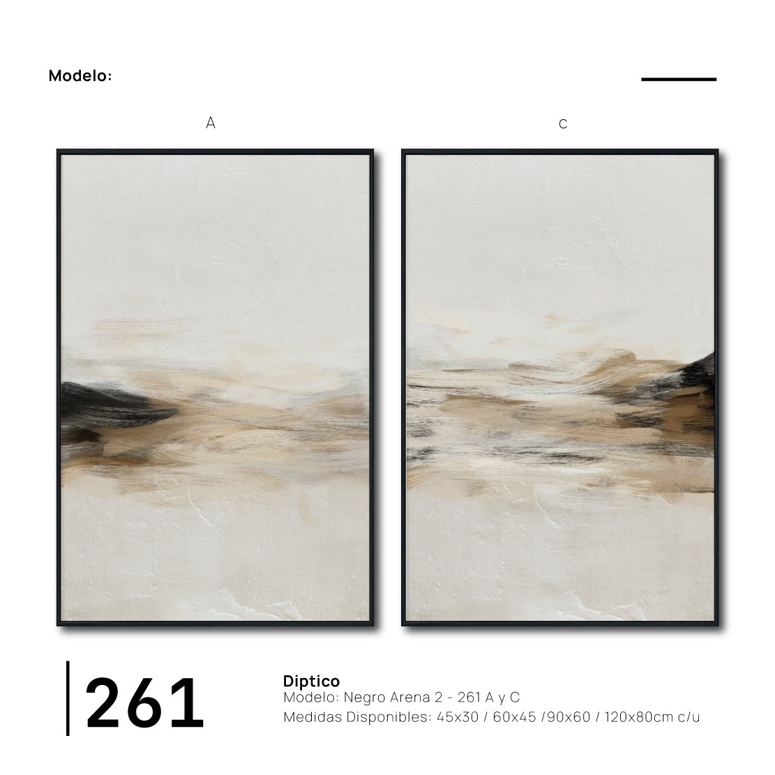 Set Cuadros Decorativos Abstracto Negro Arena 2 - 261 - Diptico Moderno y Minimalista Arte Estilo Nordico en Tonos Beige y Negro