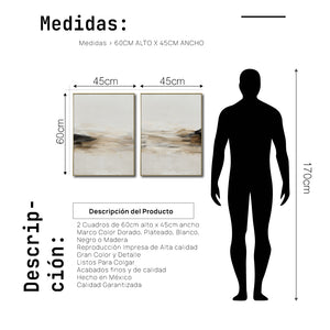 Set Cuadros Decorativos Abstracto Negro Arena 2 - 261 - Diptico Moderno y Minimalista Arte Estilo Nordico en Tonos Beige y Negro