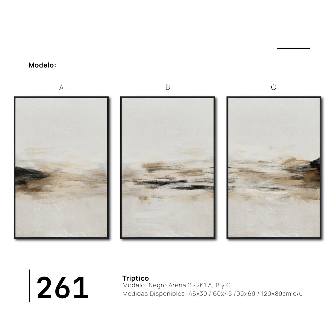 Set Cuadros Decorativos Abstracto Negro Arena 2-261 - Triptico Moderno y Minimalista Arte Estilo Nordico en Tonos Beige y Negro