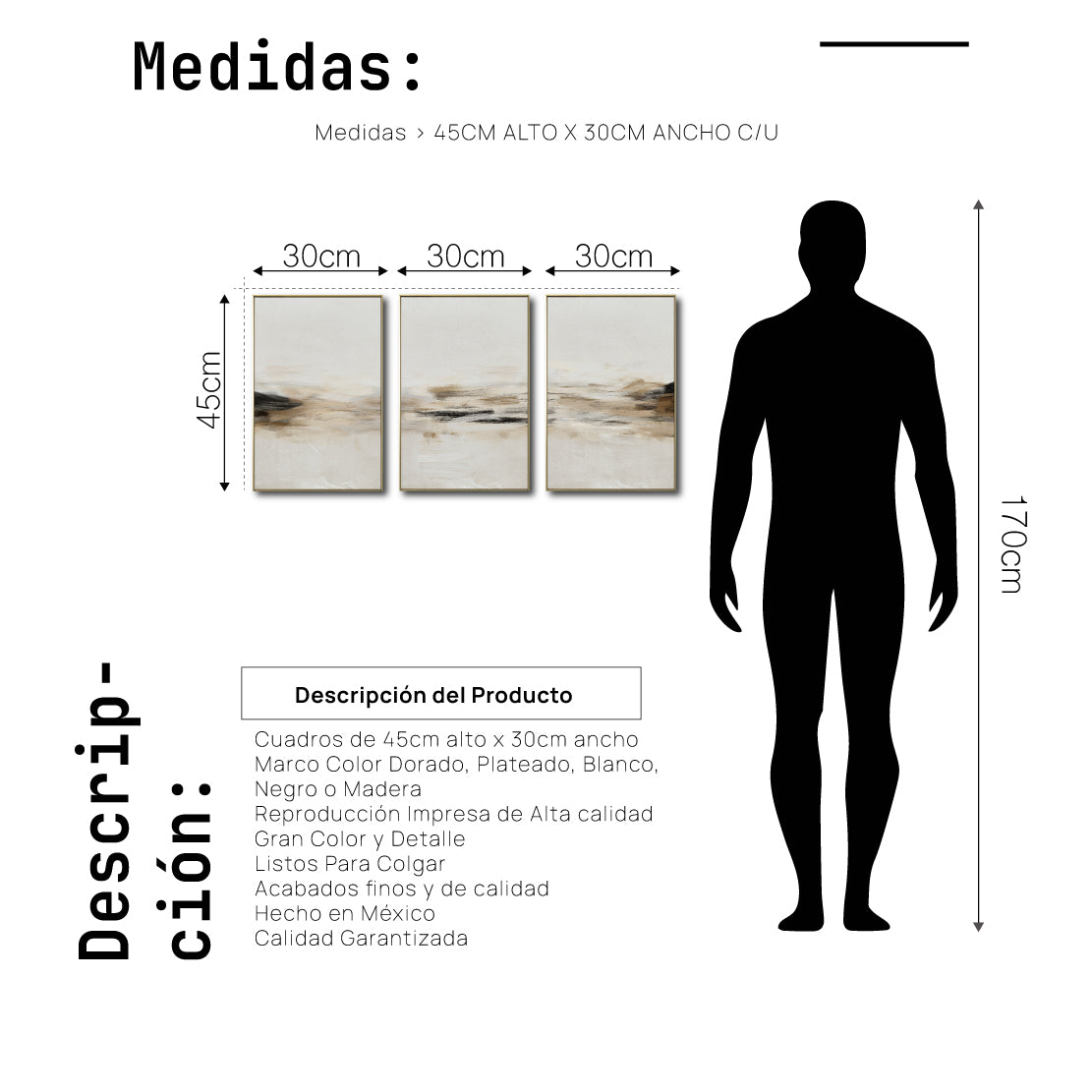 Set Cuadros Decorativos Abstracto Negro Arena 2-261 - Triptico Moderno y Minimalista Arte Estilo Nordico en Tonos Beige y Negro
