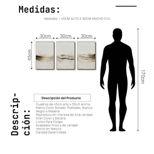 Set Cuadros Decorativos Abstracto Negro Arena 2-261 - Triptico Moderno y Minimalista Arte Estilo Nordico en Tonos Beige y Negro
