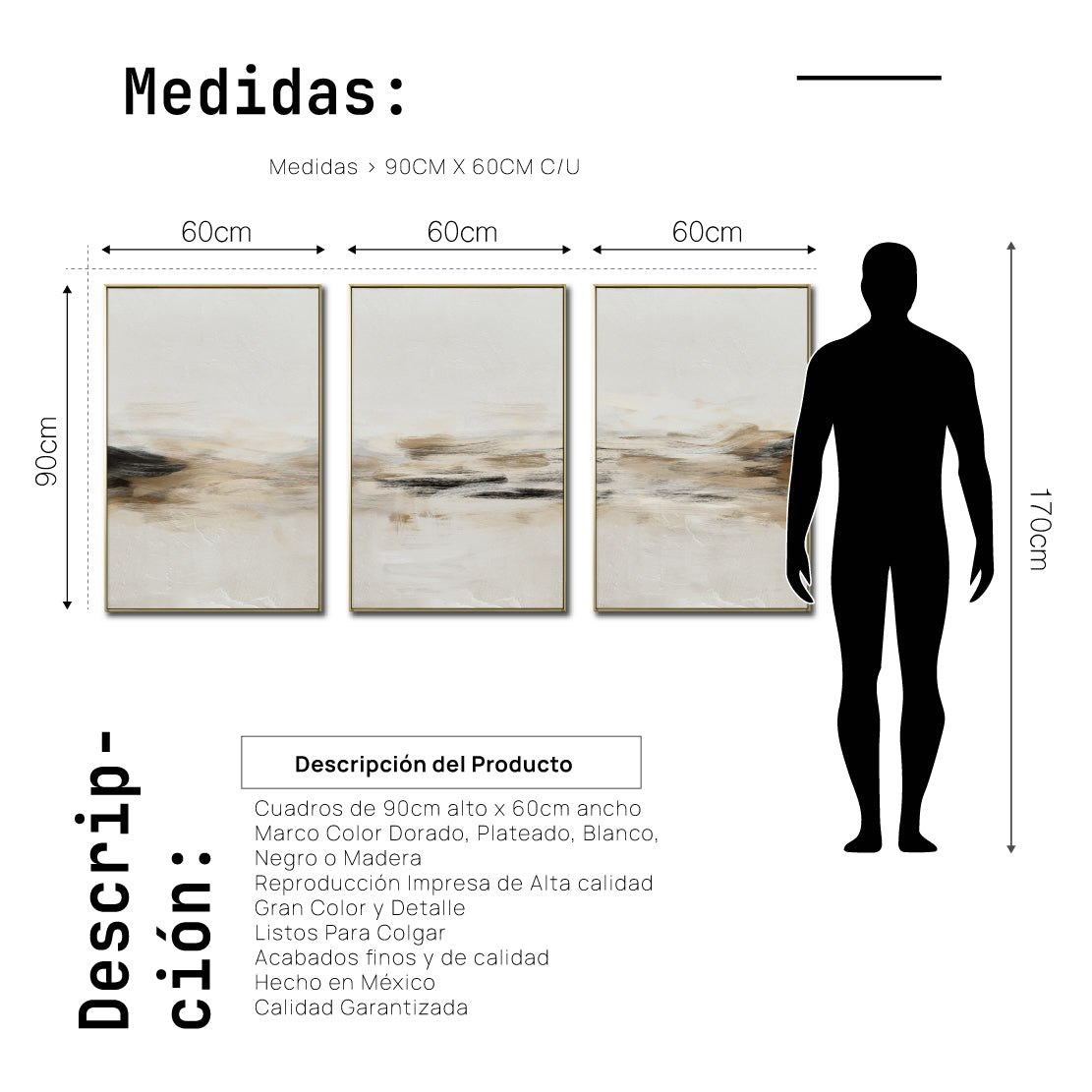 Set Cuadros Decorativos Abstracto Negro Arena 2-261 - Triptico Moderno y Minimalista Arte Estilo Nordico en Tonos Beige y Negro