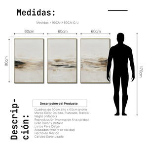 Set Cuadros Decorativos Abstracto Negro Arena 2-261 - Triptico Moderno y Minimalista Arte Estilo Nordico en Tonos Beige y Negro